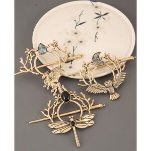 Bohemian Totem Hair Clip Set Vintage Zinc Alloy Dragonfly Owl Dragon Gold Tone
